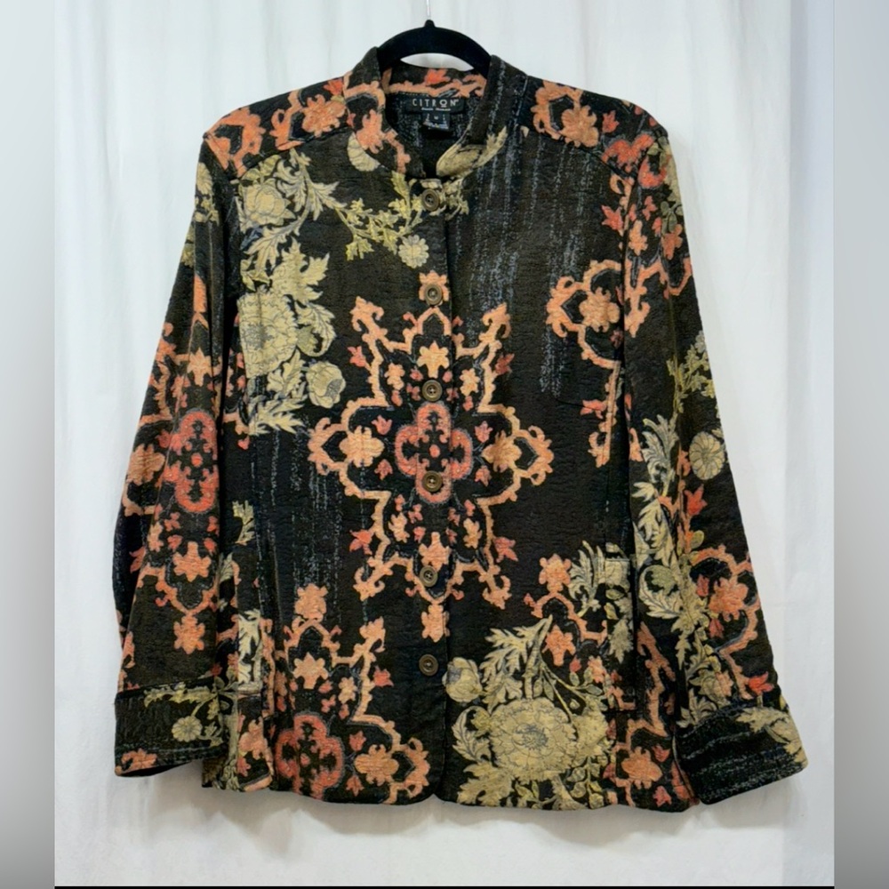 Citron Santa Monica Jacket Floral Moc Neck Button Up Womens Size Medium